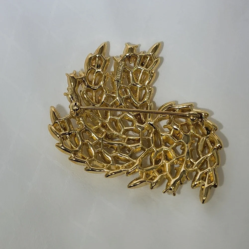 Trifari Vintage Gold Tone Faux Pearl Leaf Wheat Brooch Pin Textured MCM Signed